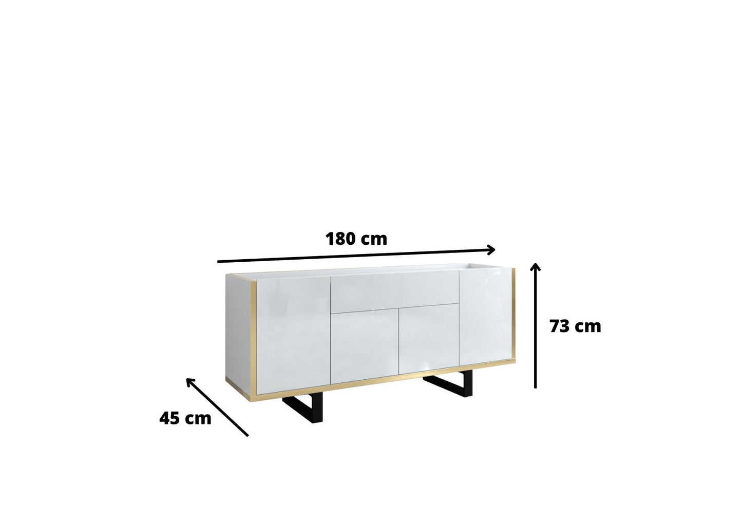 Rysunek przedstawiający rozmiar szafki RTV Goldi. Nowoczesna i modna szafka RTV Goldi do salonu z metalowymi nogami oraz szufladą