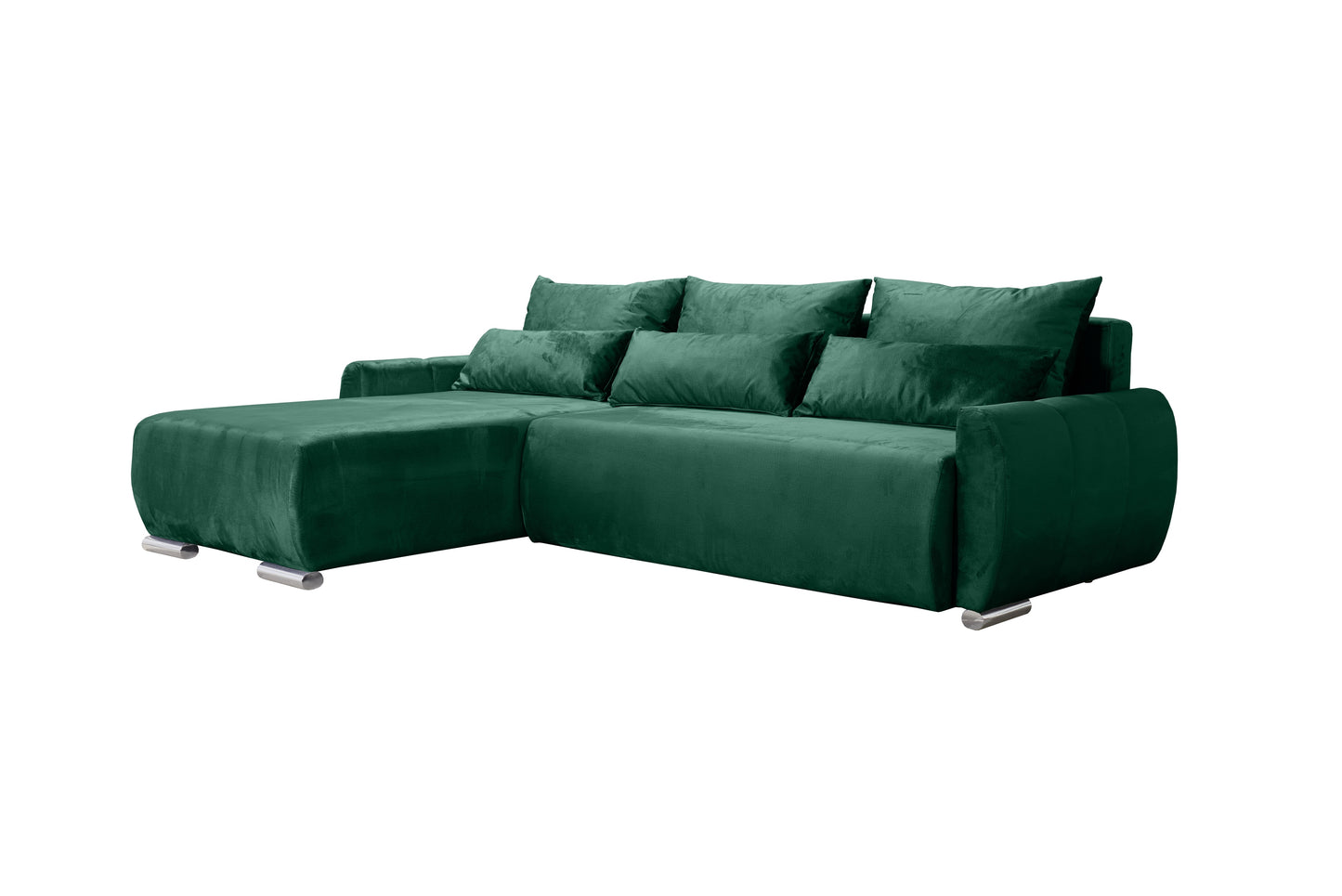 ZDJĘCIE PRZEDSTAWIAJĄCE NOWOCZESNY NAROŻNIK KODA L Z SZEŚCIOMA PODUSZKAMI. ELEGANCKI NAROŻNIK DO SALONU ZOSTAŁ WYKONANY W POPULARNYM ODCIENIU ZIELENI BUTELKOWEJ. ZIELONY KRÓLEWSKI TO KOLOR NOWOCZESNEGO NAROŻNIKA Z FUNKCJĄ SPANIA DO SALONU.