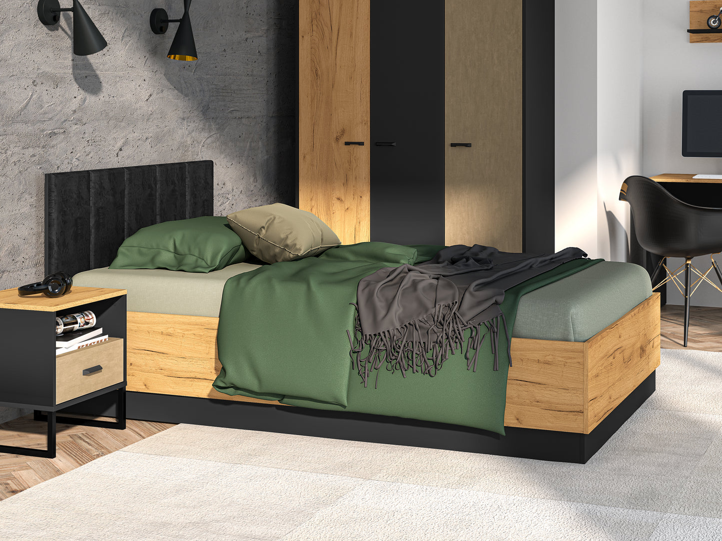 Zdjęcie przedstawiające przykładową aranżację szerokiego młodzieżowego łózka 120x200 w stylu LOFT. nowoczesne i modne łóżko jednoosobowe Kolt w aranżacji z szafką nocną, szeroką szafą na ubrania, biurkiem komputerowym oraz półką wiszącą.