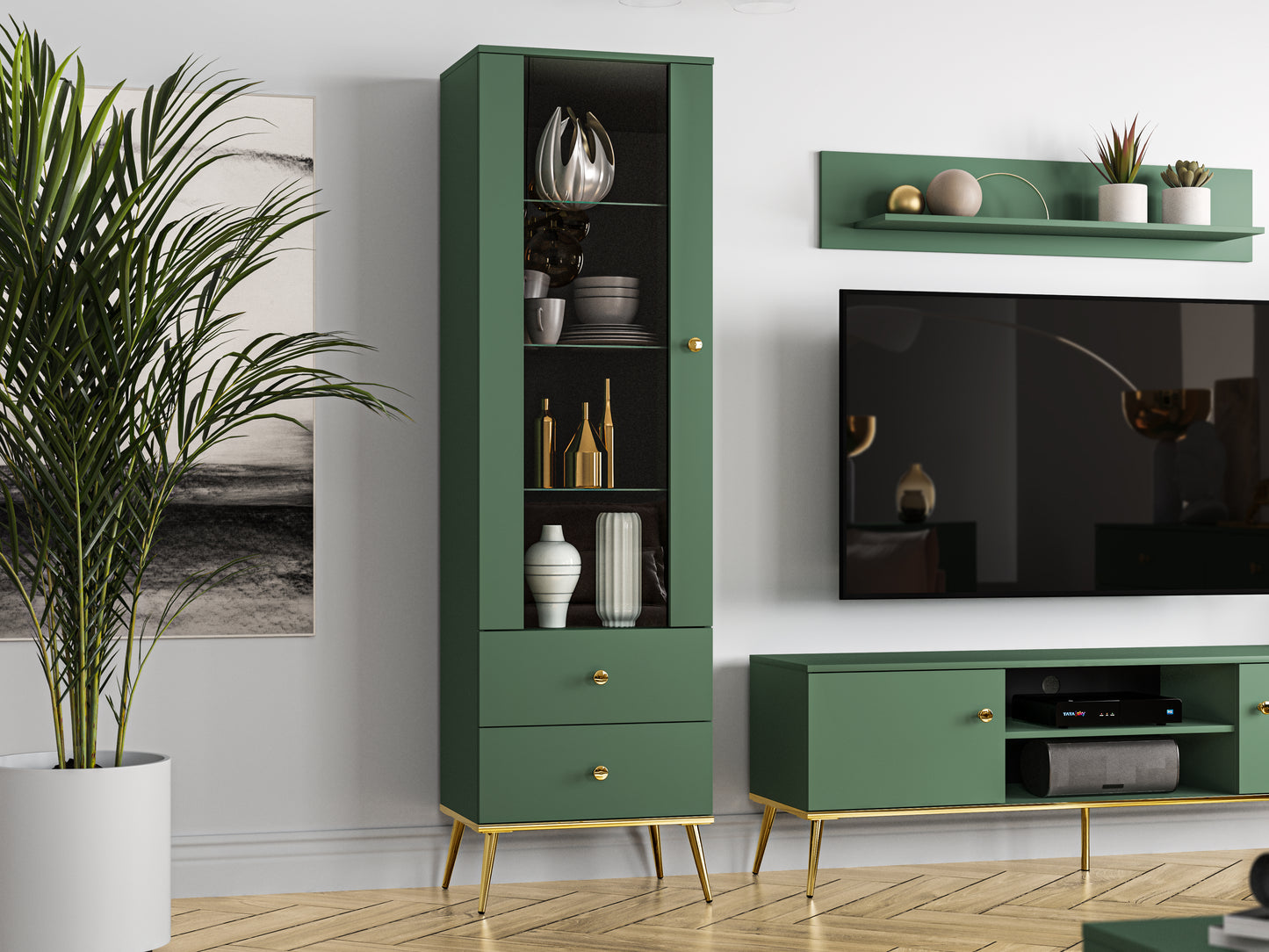 NOWOCZESNA ZIELONA WITRYNA Z PODŚWIETLENIEM LED GREEN 55 CM