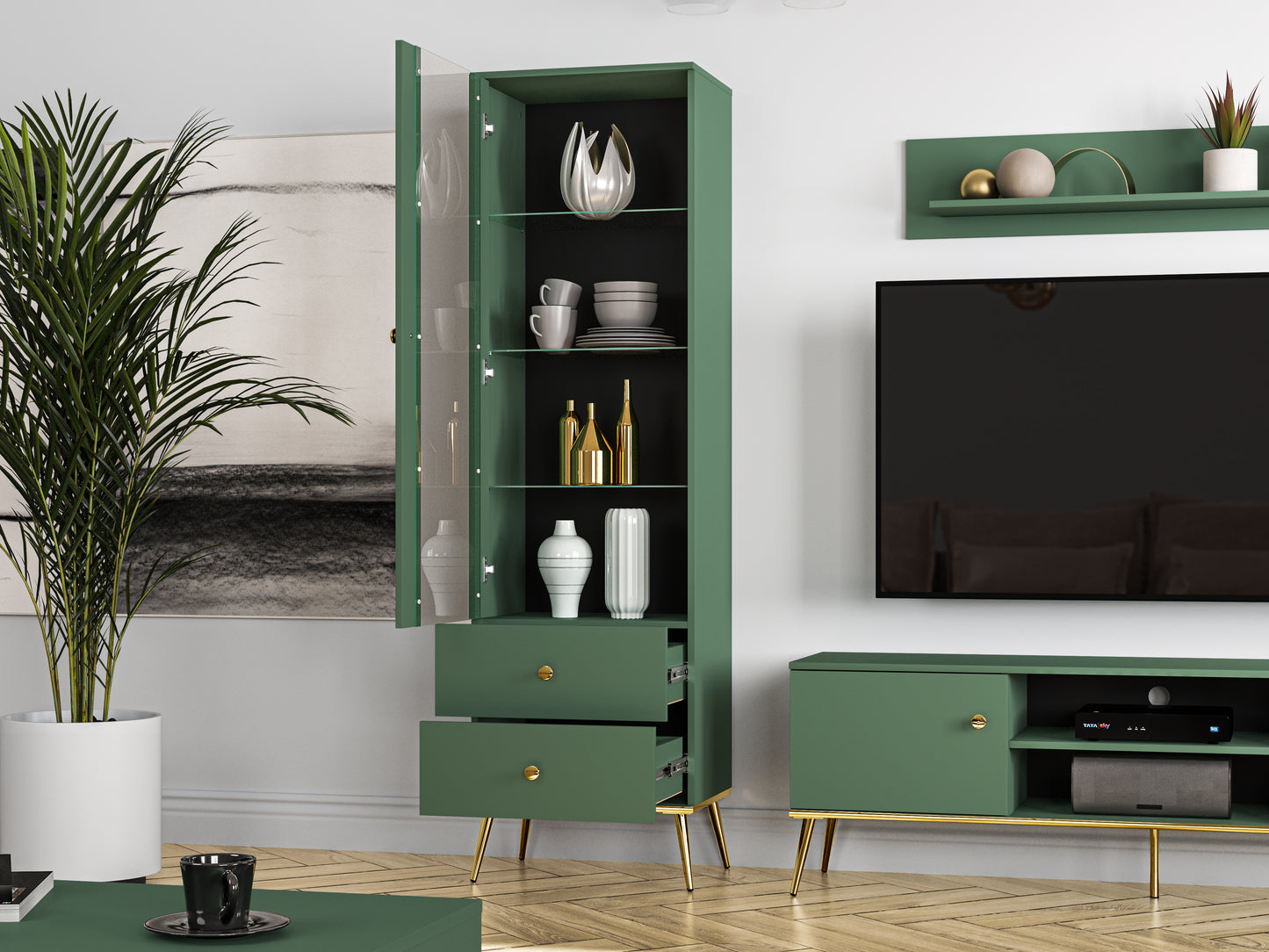 NOWOCZESNA ZIELONA WITRYNA Z PODŚWIETLENIEM LED GREEN 55 CM