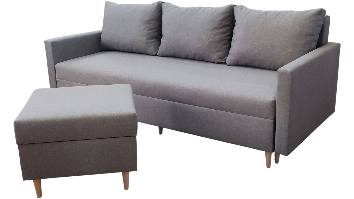 SOFA + PUFA W SZAREJ TKANINIE TYPU PLECIONKA IDEALNA DO MAŁYCH POMIESZCZEŃ .