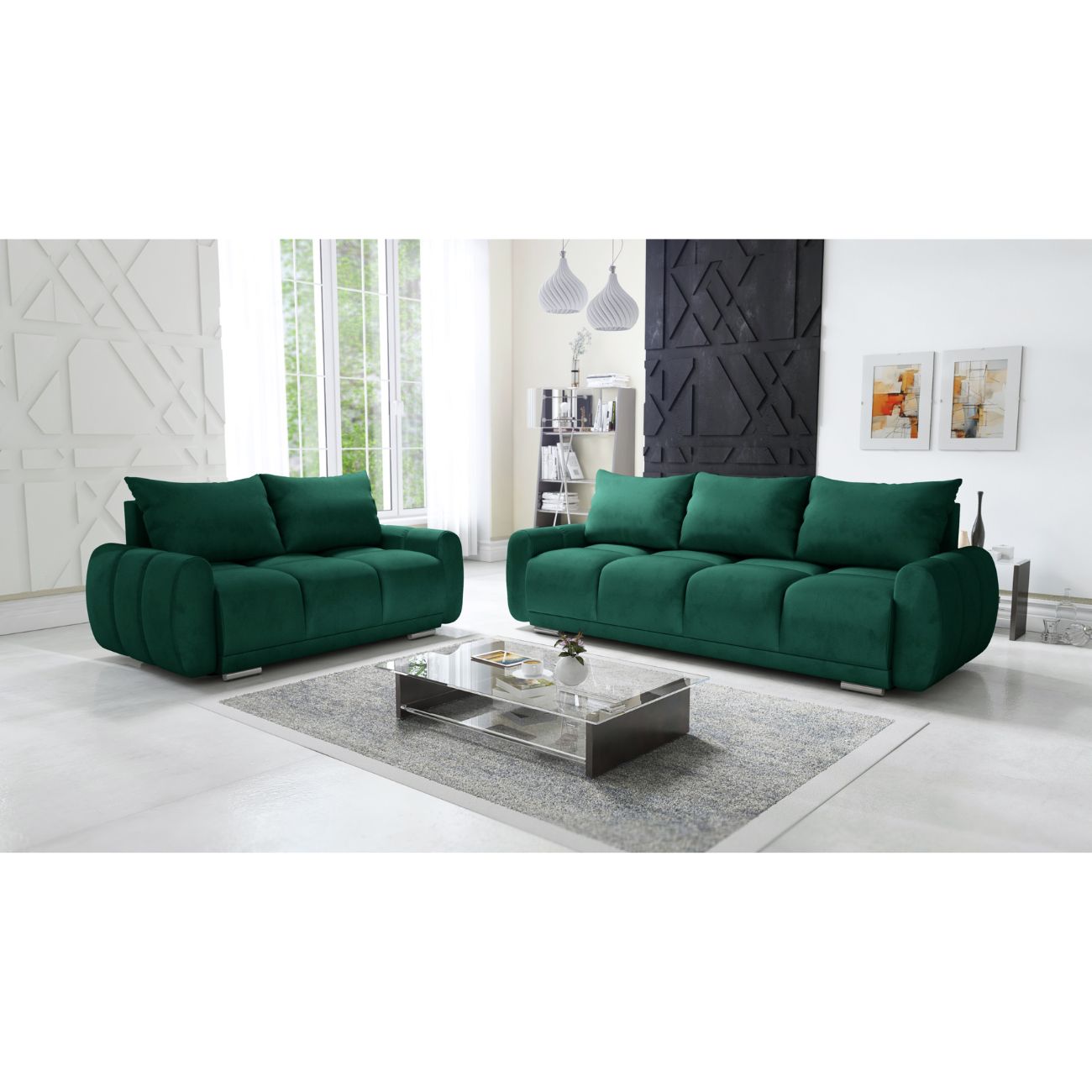 NOWOCZESNY ZESTAW DO SALONU ZIELONA KANAPA ROZKŁADANA + SOFA DWÓJKA HONEY