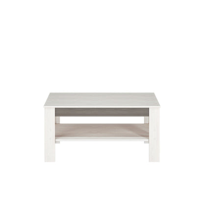 Zdjęcie przedstawiające nowoczesną ławę do salonu z półką oraz wstawką MDF w kolorze New Grey. Nowoczesna i modna ława do salonu Blanka dostępna w promocyjnej cenie w dmsm.pl
