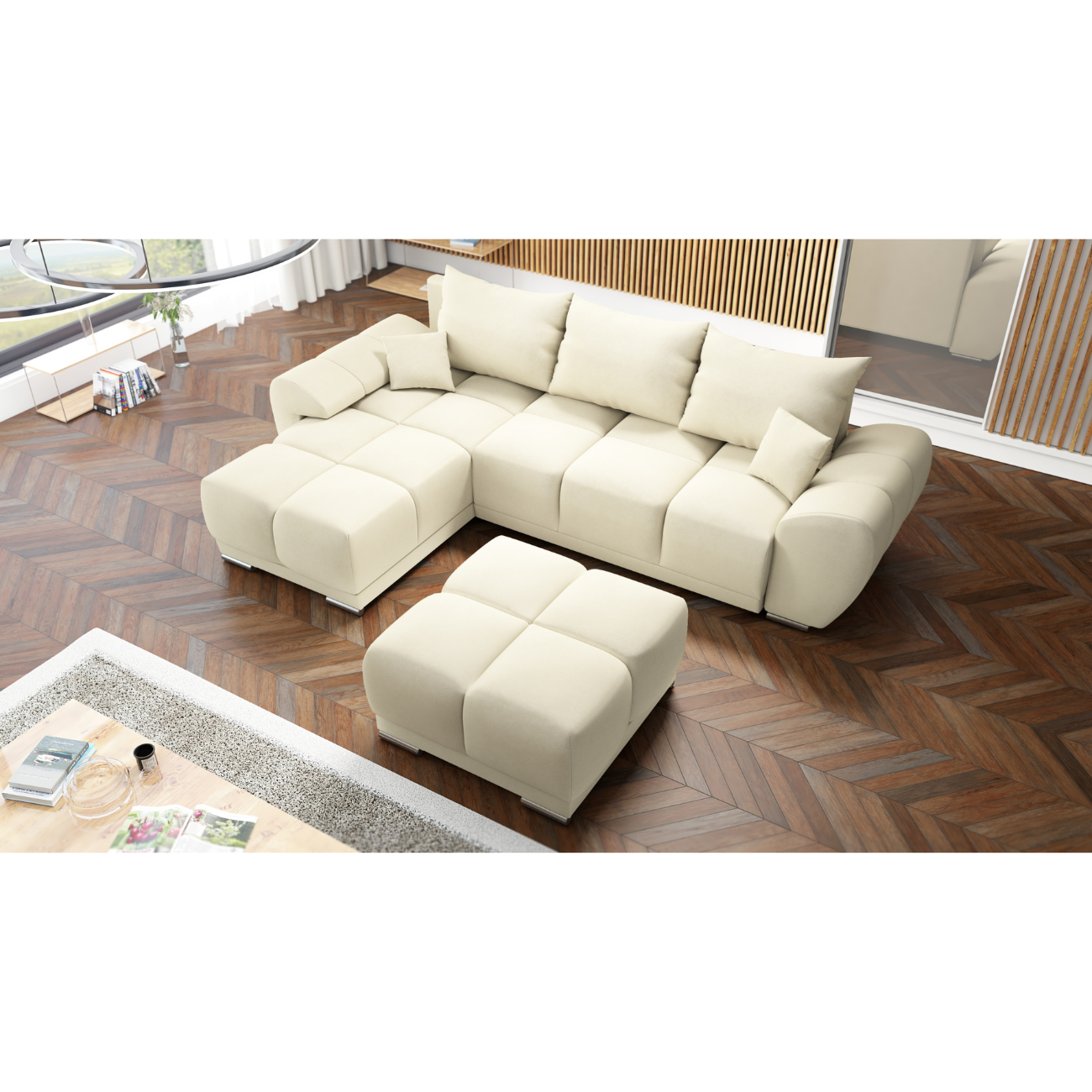 Beżowy narożnik do salonu HONEY L + duża pufa | Narożnik bez funkcji spania – 30% taniej! PROMOCJA