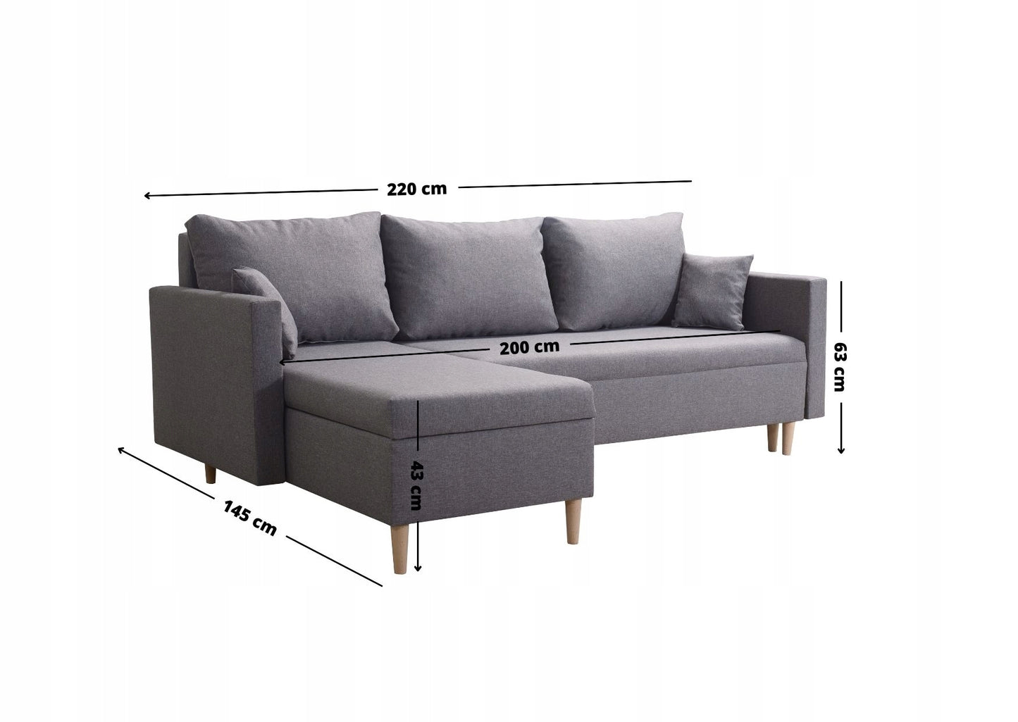 Piękny Modny narożnik z funkcja spania w stylu skandynawskim o wymiarach : Głębokość: 145 cm Szerokość: 216 cm Wysokość: 86 cm