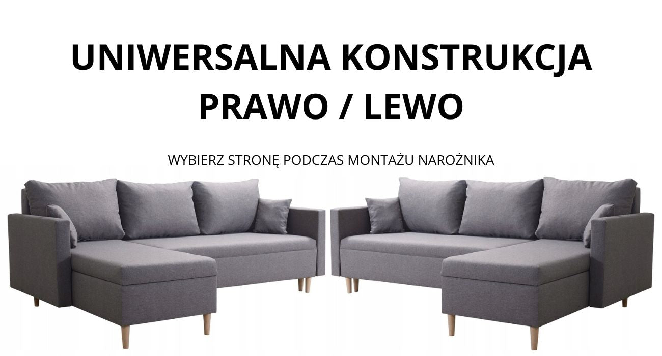 Zdjęcie przedstawiające możliwość uniwersalnego montażu produktu Skandynawski narożnik rozkładany z funkcją spania Scandik L. Na zdjęciu widoczny prawostronny narożnik rozkładany do salonu oraz lewostronny narożnik z funkcją spania oraz pojemnikami na pościel.