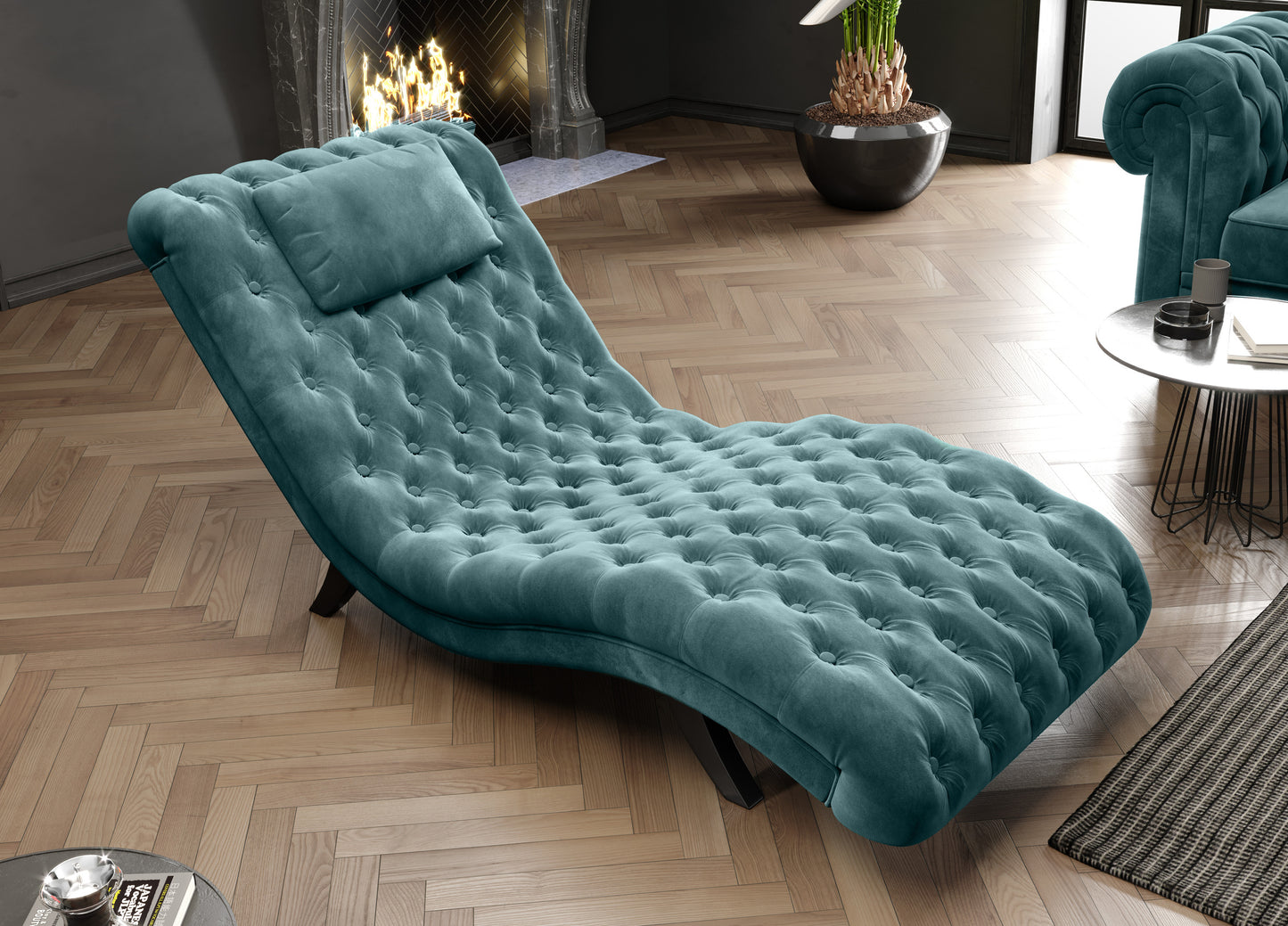 Zdjęcie przedstawiające przykładową aranżację: Elegancki i klasyczny szezlong z poduszką pod głowę oraz pikowaniem typu Chesterfield w eleganckim salonie.