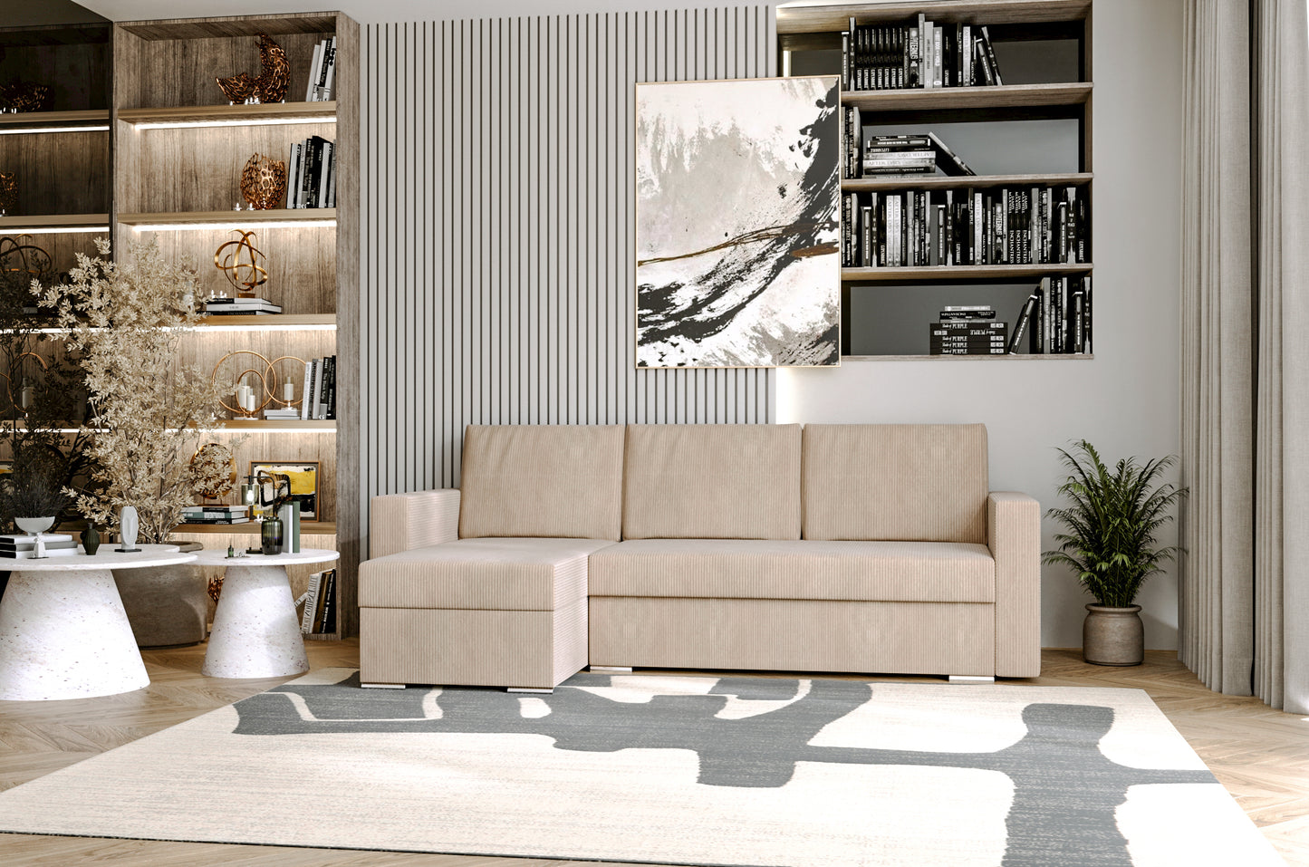 SZTRUKSOWY NAROŻNIK ROZKŁADANY Z FUNKCJĄ SPANIA ZOOM 2xPOJEMNIK BONELL DL.