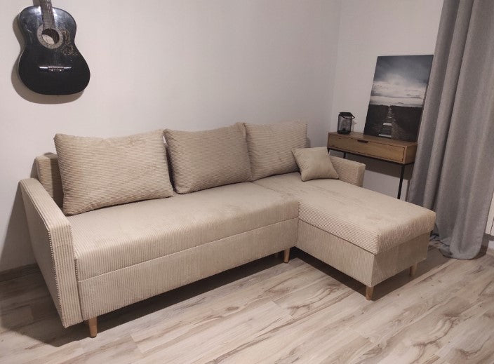 Zestaw wypoczynkowy do salonu narożnik l + pufa + fotel POJEMNIKI bonell