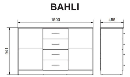 Rysunek przedstawiajacy dokładny rozmiar nowoczesnej komody Bahli 