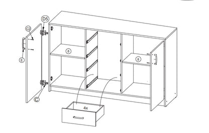 Rysunek przedstawiający wnętrze nowoczesnej komody bahli z czterema szufladami oraz dwiema szafkami i praktycznym blatem. 
