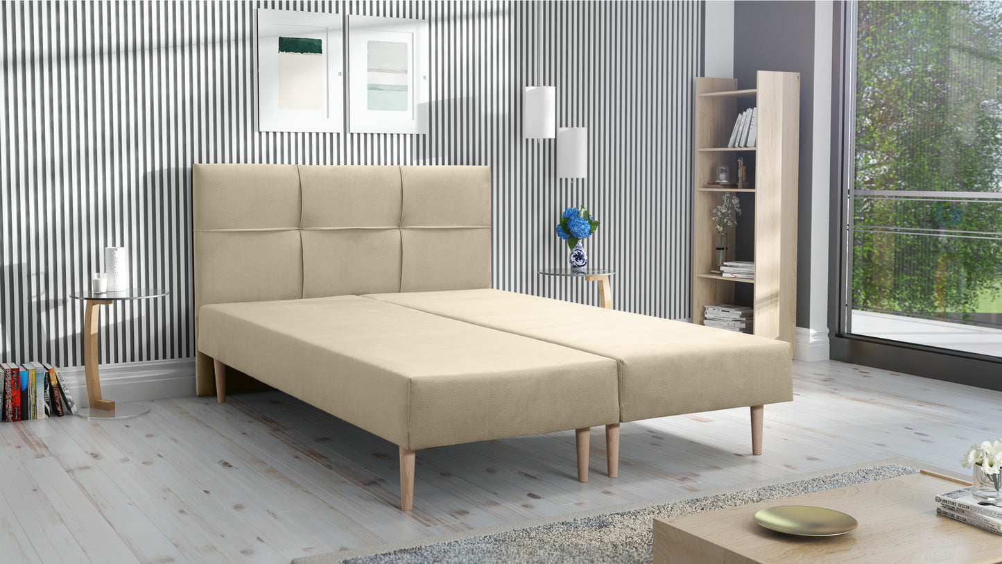 Zdjęcie przedstawiające przykładową aranżacje łóżka tapicerowanego z materacem do sypialni. Tanie łóżko podwójne Freya 140x200 dostępne w niskiej cenie na dmsm.pl taniej niż łóżko tapicerowane z materacem IKEA Agata Meble Bodzio Meble Jysk