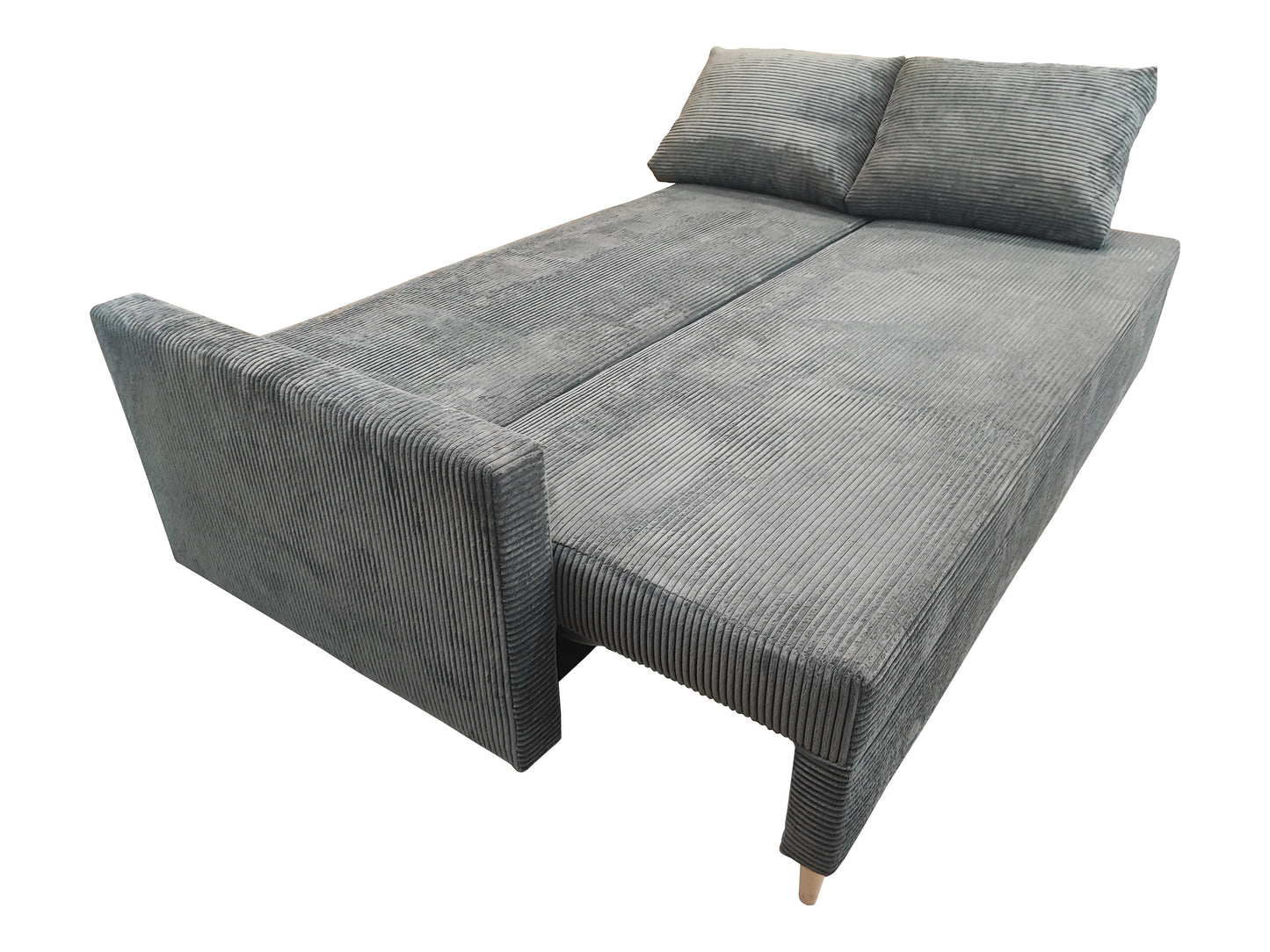 Zdjęcie przedstawiające funkcję spania z poduszkami w kanapie rozkładanej Scandik Sztruks ze sprężynami bonell. Sofa do salonu Scandik taniej niż w IKEA