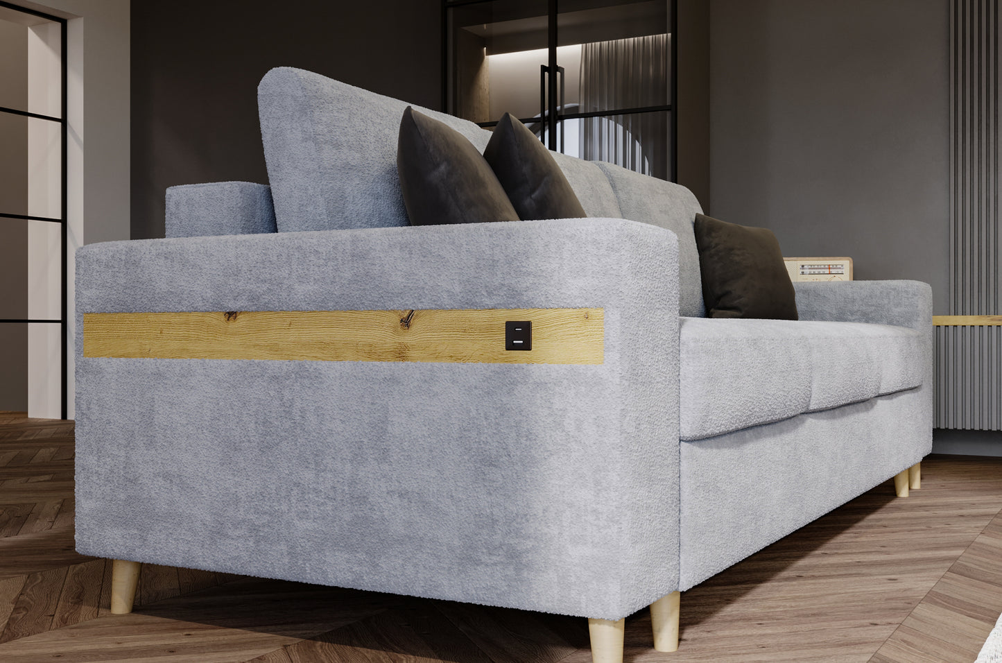 Kanapa Capitol. Sofa w nowoczesny stylu posiada drewniane nóżki