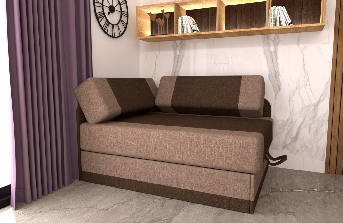 Brązowy fotel tapczan sofa rozkładana regulowana długość MIKI w przykładowej aranżacji w niewielkim powieszczeniu.