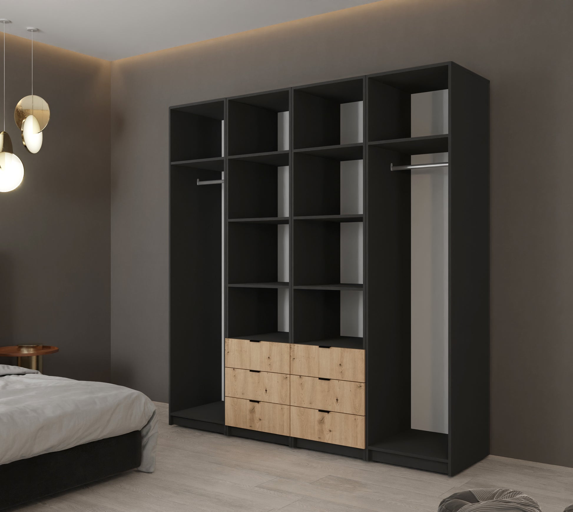 Wnętrze dużej szafy z szufladami Amsterdam. Zastosowanie  dużej ilości półek oraz dwóch drążków wpływa na funkcjonalność mebla.