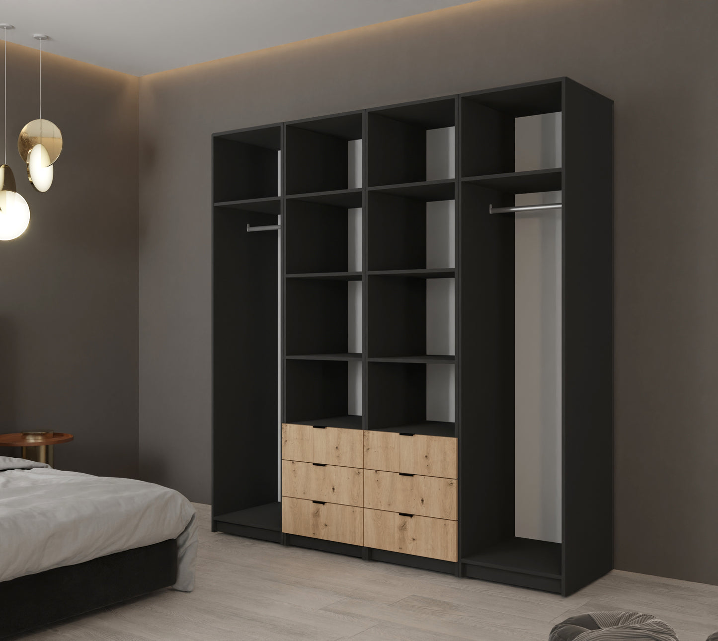 Układ wielu półek i dwóch drążków w dużej szafie 200 cm loft lustro Amsterdam sprawia, że staje się ona niezwykle funkcjonalnym meblem. Dodatkowo zastosowane w szafie szuflady ułatwiają przechowywanie drobiazgów.