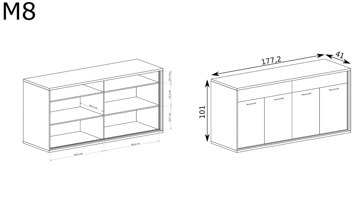 Wymiary i specyfikacja komody z szufladami Italia hikora. Szeroka, pojemna komoda wpływa na funkcjonalność mebla i jego maksymalne wykorzystanie.