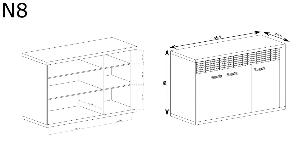 Wymiary oraz wnetrze komody BOHO do salonu 2 szuflady 3 fronty LED ukazują jak funkcjonalny, pojemny i stabilny jest to mebel.