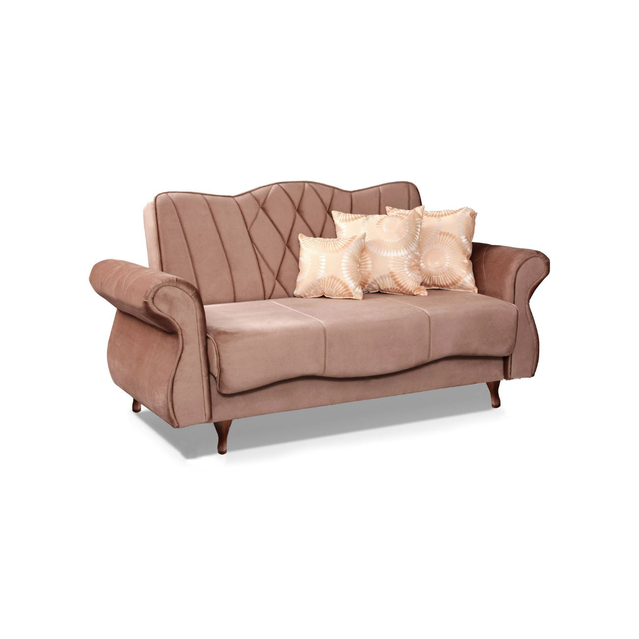 Elegancka sofa dwuosobowa z pojemnikiem tkaniny Manila to niezwykle elegancki mebel tapicerowany z ozdobnymi przeszyciami, nóżkami oraz w stylizowanym kształcie. Na zdjęciu sofa w pudrowym, brudnym różu na ciemnych brązowych nóżkach.