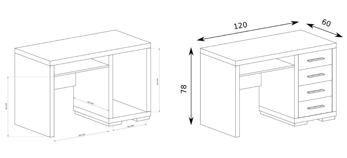 Rysunek przedstawiający wnętrze oraz wymiary biurka komputerowego do nauki pracy szuflady SANTOS.