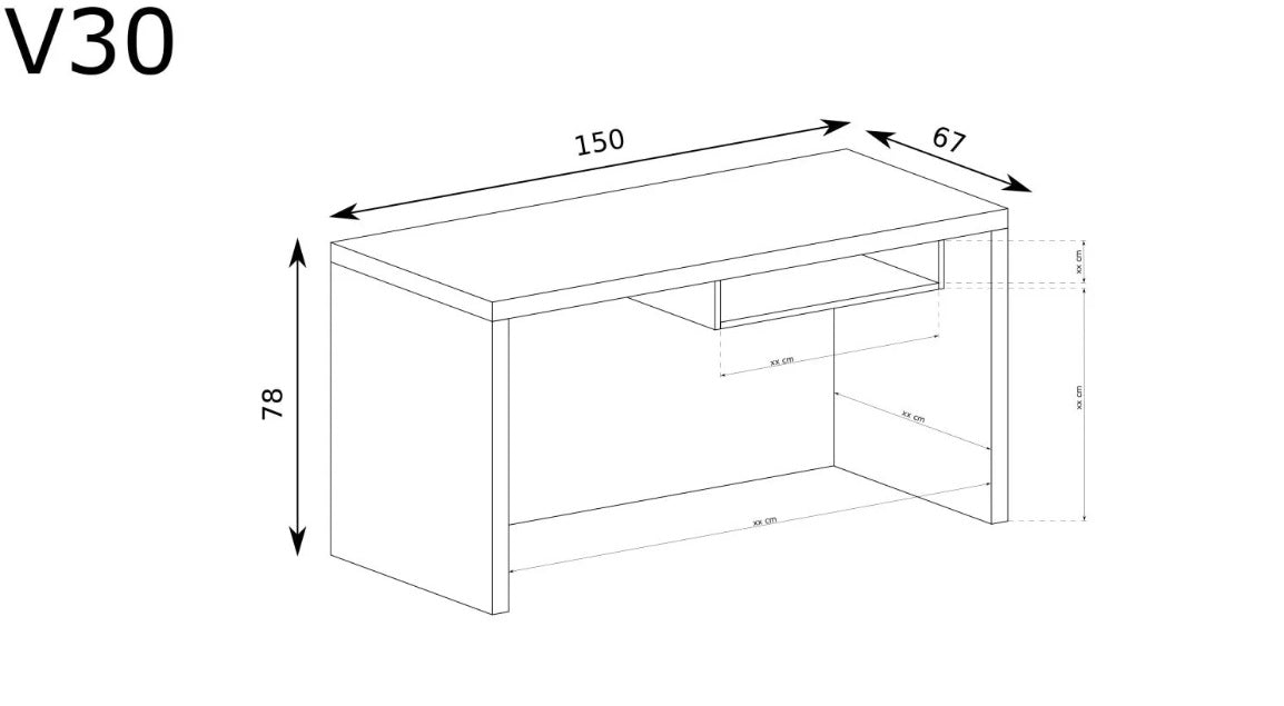 Rysunek przedstawiający wymiary biurka toaletki 150 cm. z wysuwaną półką SANTOS. 