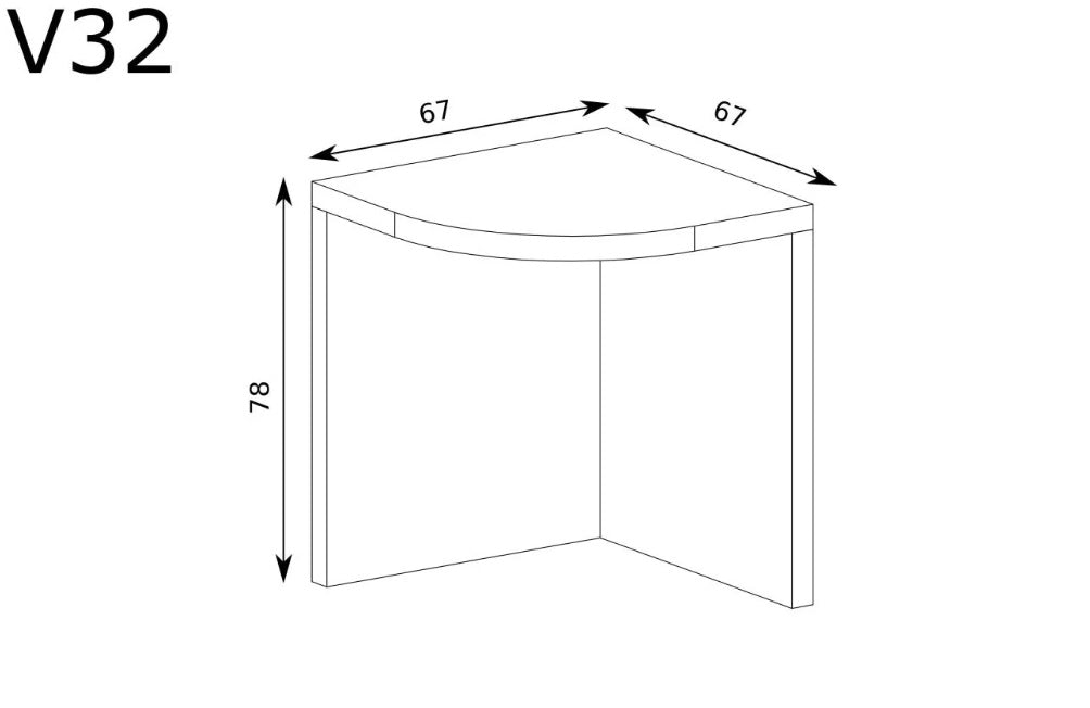 Rysunek przedstawiający wymiary małego biurka narożnego SANTOS są tak dostosowane aby mebel zajmował jak najmniej miejsca i był zarazem stabilny.