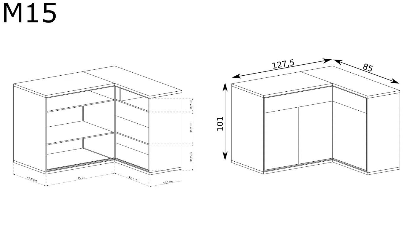 Wymiary i wnętrze komody narożnej hikora ITALIA 2 szuflady dekor LED są tak dostosowane, aby mebel był funkcjonalny oraz stabilny.