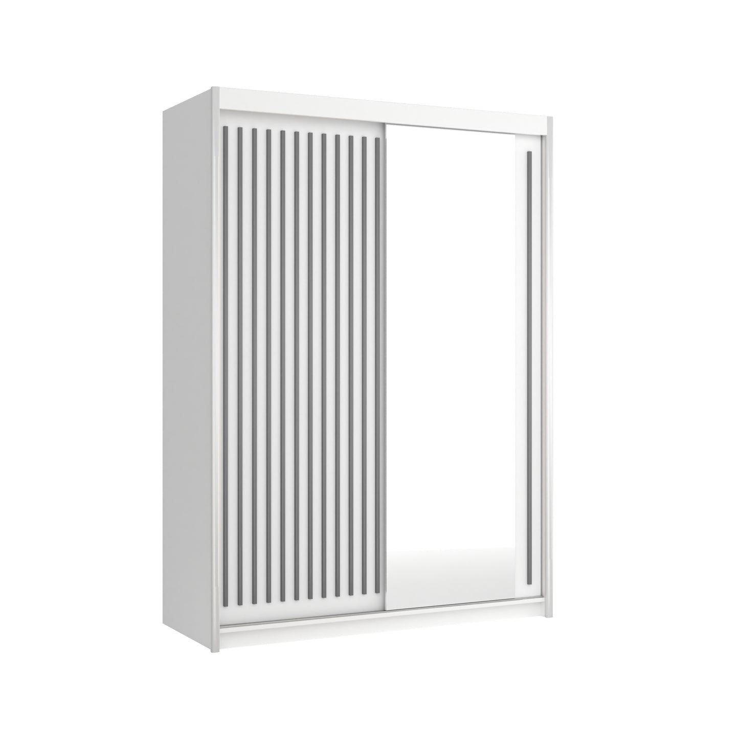Niezwykle elegancka szafa przesuwna z szarymi lamelami oraz lustrem Royal 150 cm na białym tle