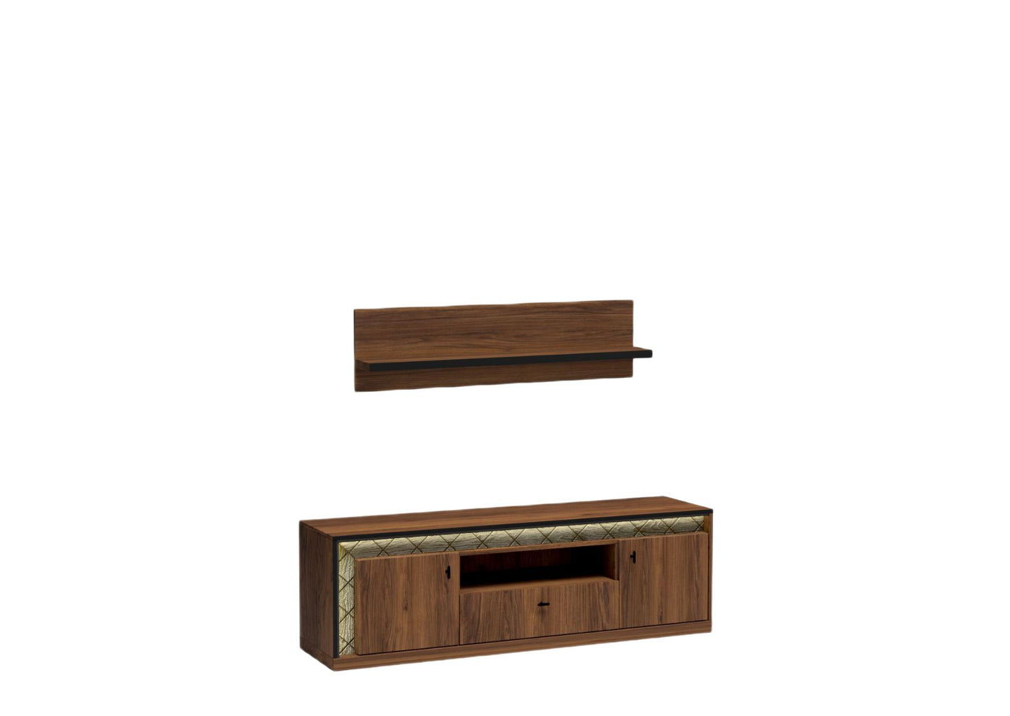 Komoda RTV 160 cm + półka stolik pod TV WOOD LED to meble z eleganckimi zdobieniami podświetlonymi oświetleniem LED. Czarne obrzeża dodatkowo wpływają na wysoka klasę systemu.