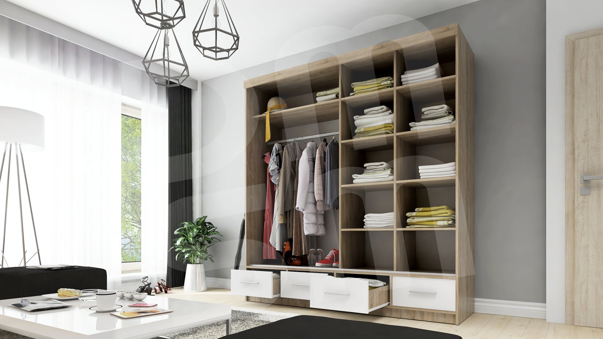 Wnętrze szafy przesuwnej z szufladami, półkami na ubrania oraz drążkiem na wieszaki David