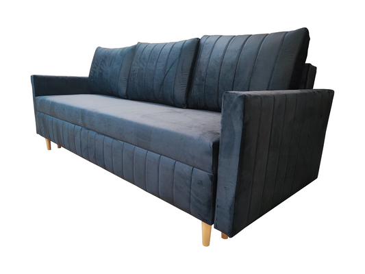 GRANATOWA KANAPA ROZKŁADA SOFA FRIDA FUNKCJA SPANIA SPRĘŻYNY WELUR POJEMNIK