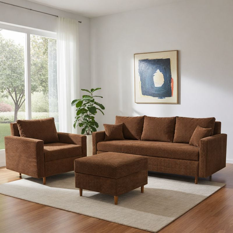 TAPICEROWANY  KOMPLET WYPOCZYNKOWY W SZTRUKSIE  KANAPA ROZKŁADANA DO SALONU  SCANDIK BONELL + FOTEL I  PUFA SZTRUKS