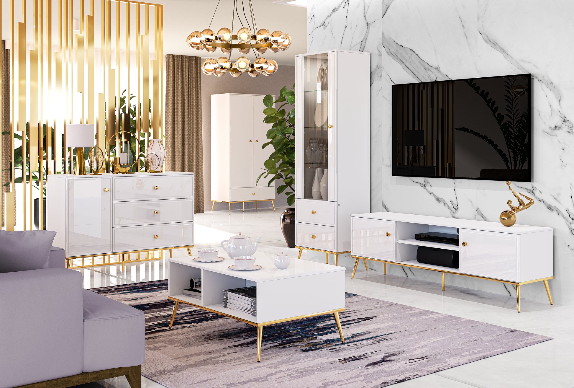 Zdjęcie przedstawiające przykładową aranżację nowoczesnego salonu z meblami z kolekcji Golden. Na zdjęciu widoczny stolik kawowy, biała szafka RTV, Witryna z podświetleniem LED, komoda z szufladami oraz biała szafa na ubrania