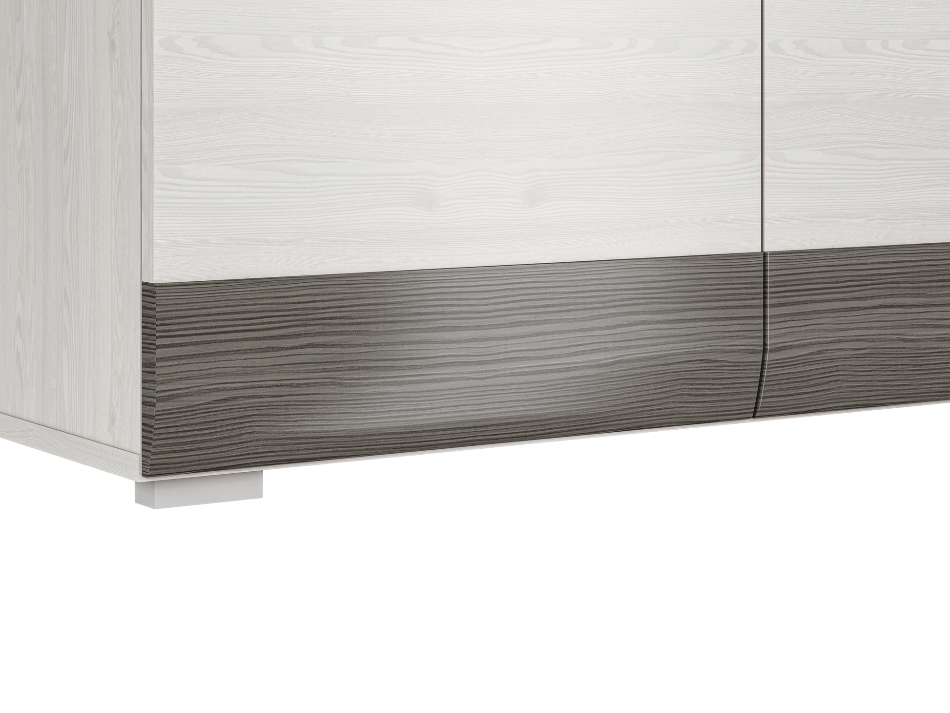 Zdjęcie przedstawiające detale listwy MDF w kolorze New Grey. Listwa jest zaoblona w dół, by podkreślić kształt nowoczesnej szafy na ubrania Blanka.