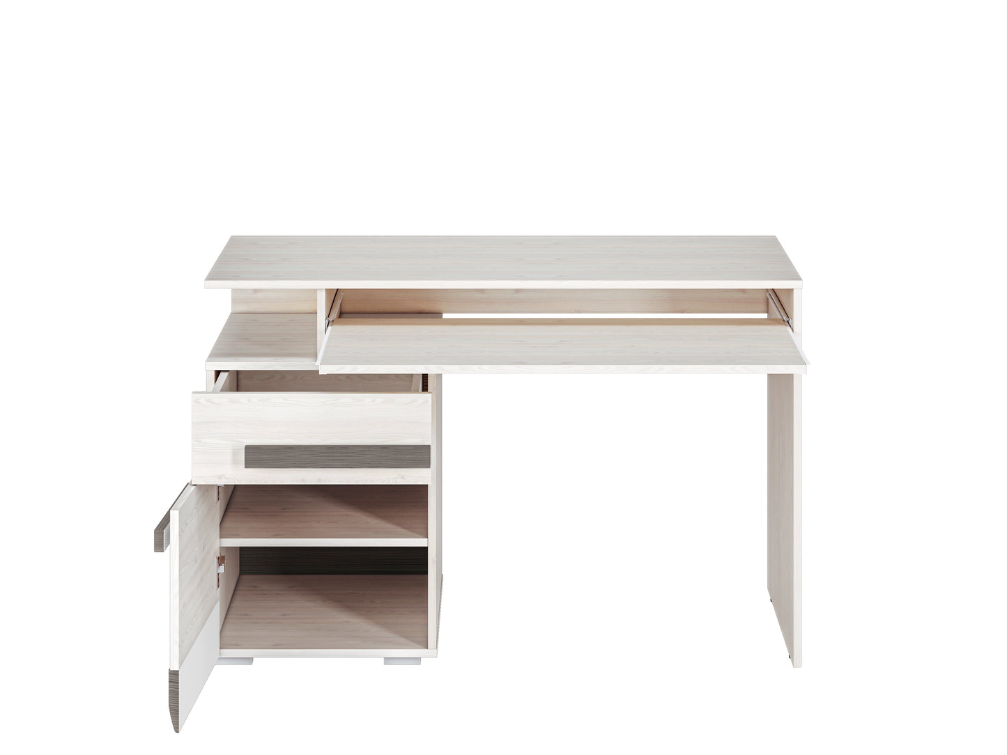 Zdjęcie przedstawiające nowoczesne biurko do salonu Blanka z tacką na klawiaturę oraz szufladą i szafką z półką.