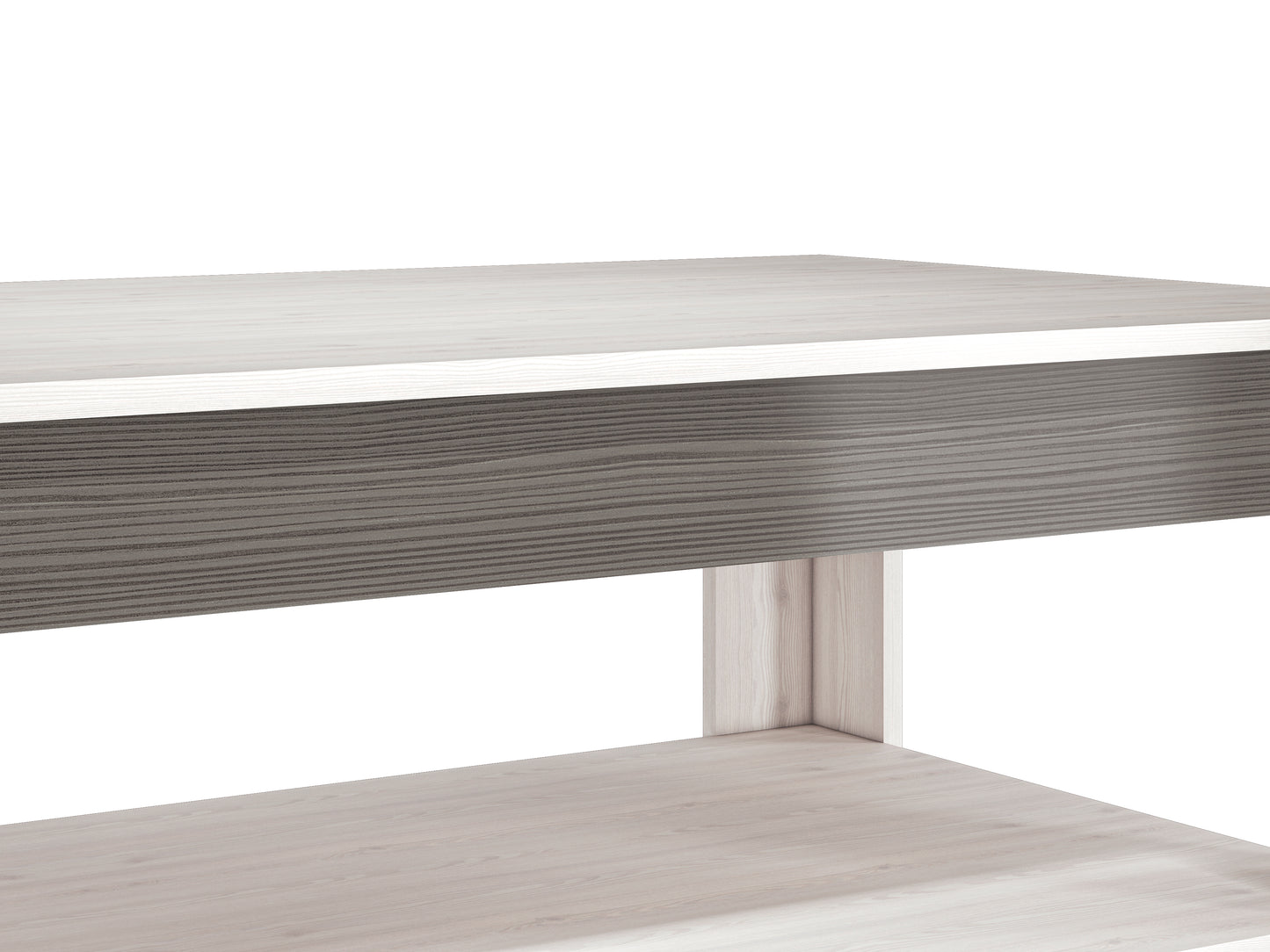 Zdjęcie przedstawiające detale nowoczesnego stolika kawowego Blanka z półką oraz wstawką MDF w kolorze New Grey
