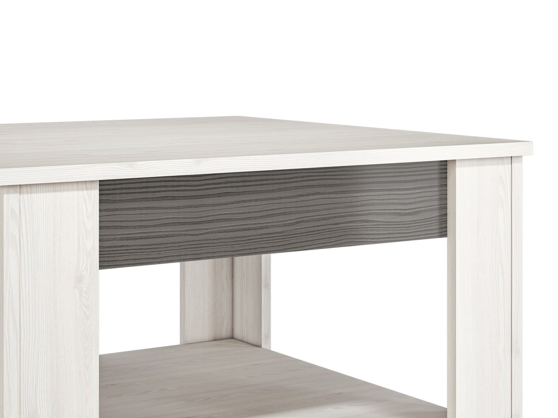 Zdjęcie przedstawiające detale nowoczesnego stolika kawowego z wstawką w kolorze New Grey oraz półką pod blatem. Mały stolik kawowy Blanka dostępny na dmsm.pl taniej niż w IKEA BODZIO AGATA MEBLE