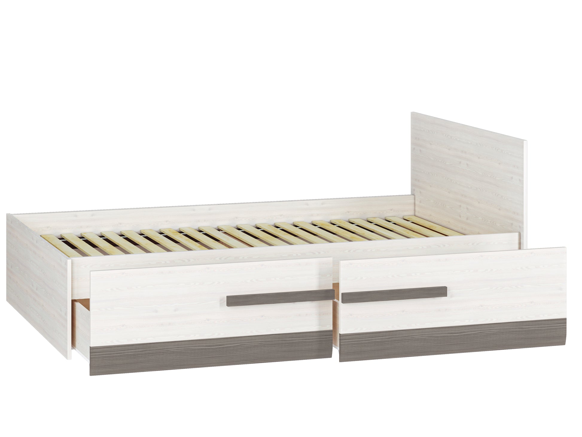 Zdjęcie przedstawiające łóżko Blanka z wysuniętymi szufladami, stelażem oraz powierzchnią spania 120x200 cm. 