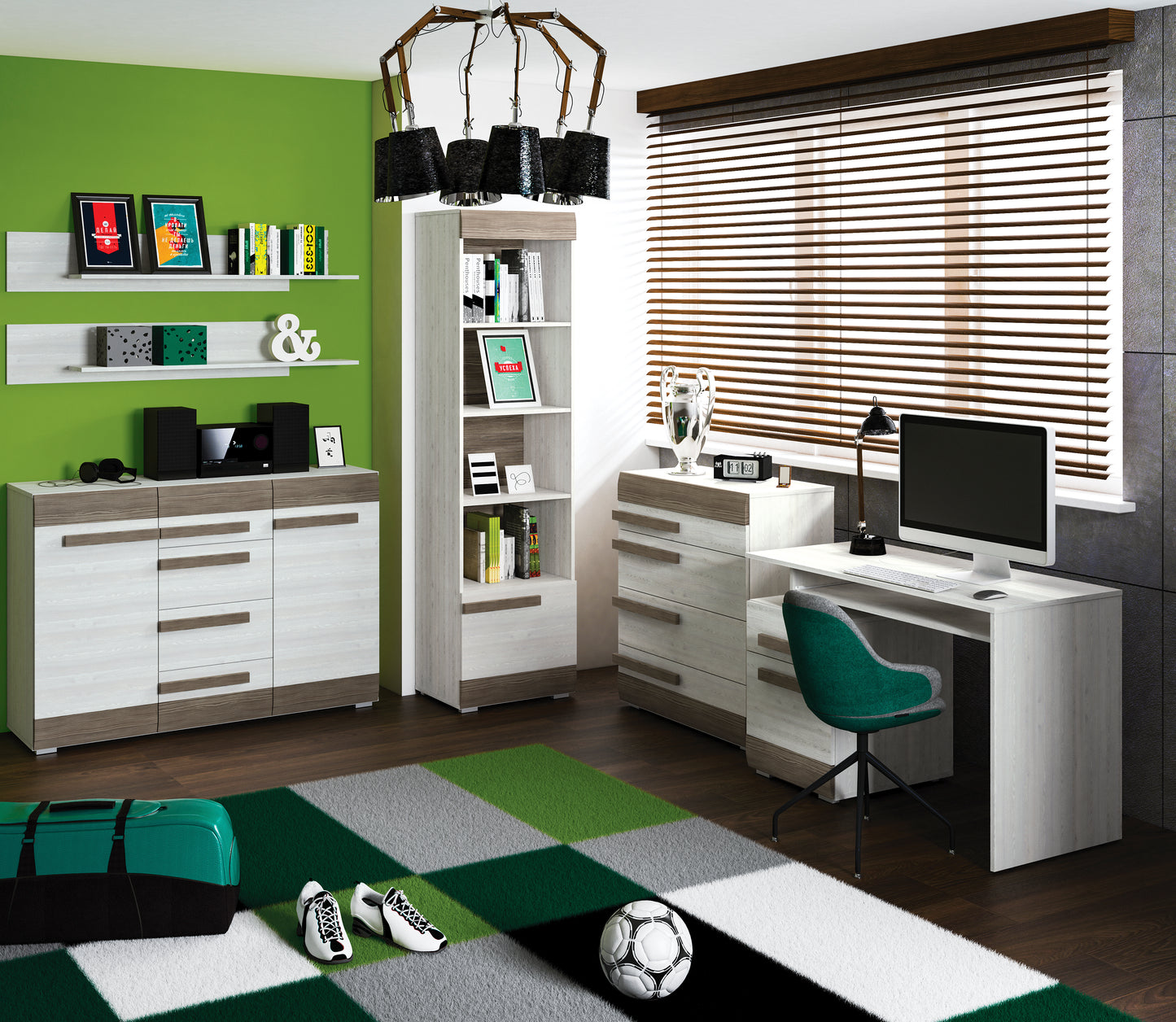 Zdjęcie przedstawiające nowoczesny pokój młodzieżowy z meblami z kolekcji Blanka. Na zdjęciu widoczne biurko komputerowe, komoda z czterema szufladami, regał na książki, komoda z dwiema szafkami oraz dwie półki wiszące na ścianę. 