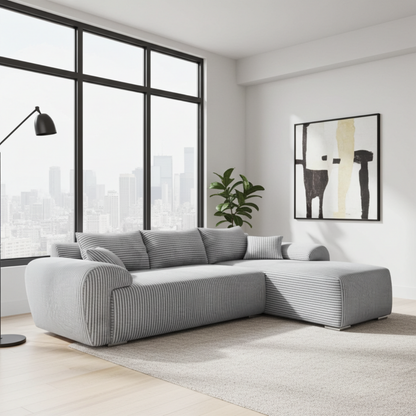 SZARY NAROŻNIK ROZKŁADANY Z FUNKCJĄ SPANIA UBO ROGÓWKA TOP SZTRUKS 276 CM