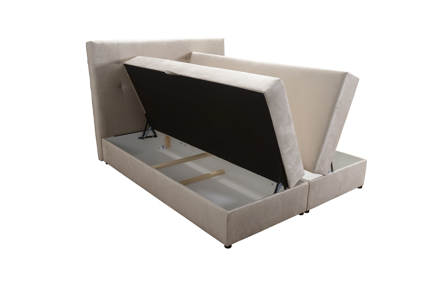 Zdjęcie przedstawiające nowoczesne łóżko kontynentalne dream z materacem ze spreżynami bonell oraz dwoma pojemnikami na pościel. Nowoczesne łóżko kontynentalne dream dostępne na dmsm.pl