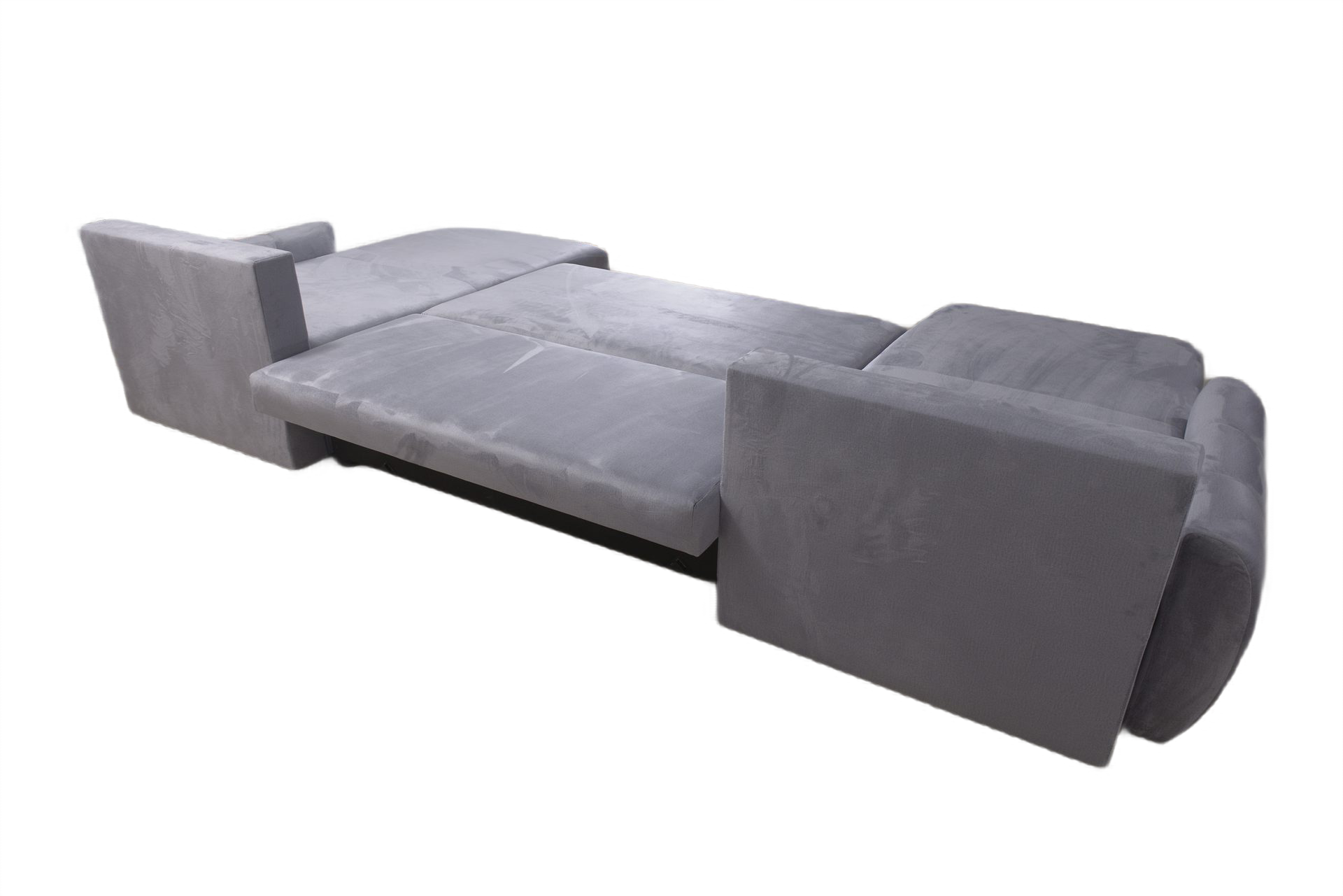 Ujęcie z tyłu na duży nowoczesny narożnik funkcja spania KODA XL w wersji rozłożonej.