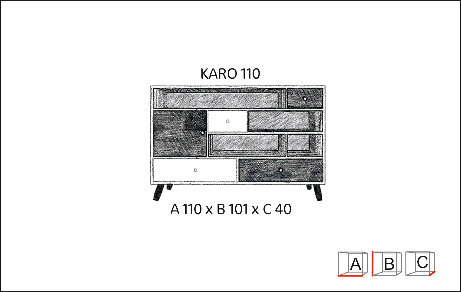 Rysunek przedstawiający rozmiary komody skandynawskiej do salonu. Tanie meble do salonu, tania komoda skandynawska IKEA