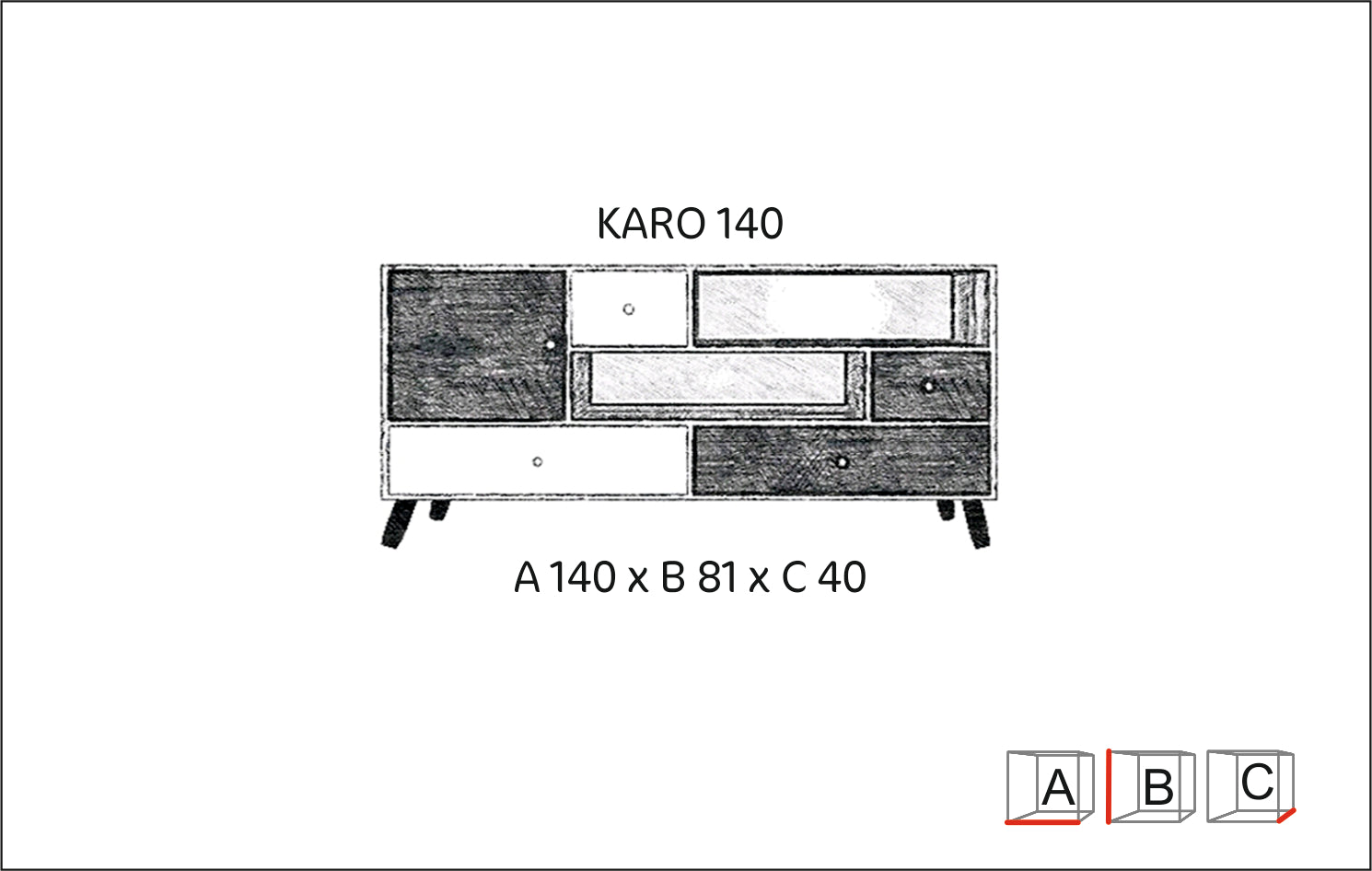 Rysunek przedstawiający rozmiar komody Karo 140 do salonu w stylu skandynawskim