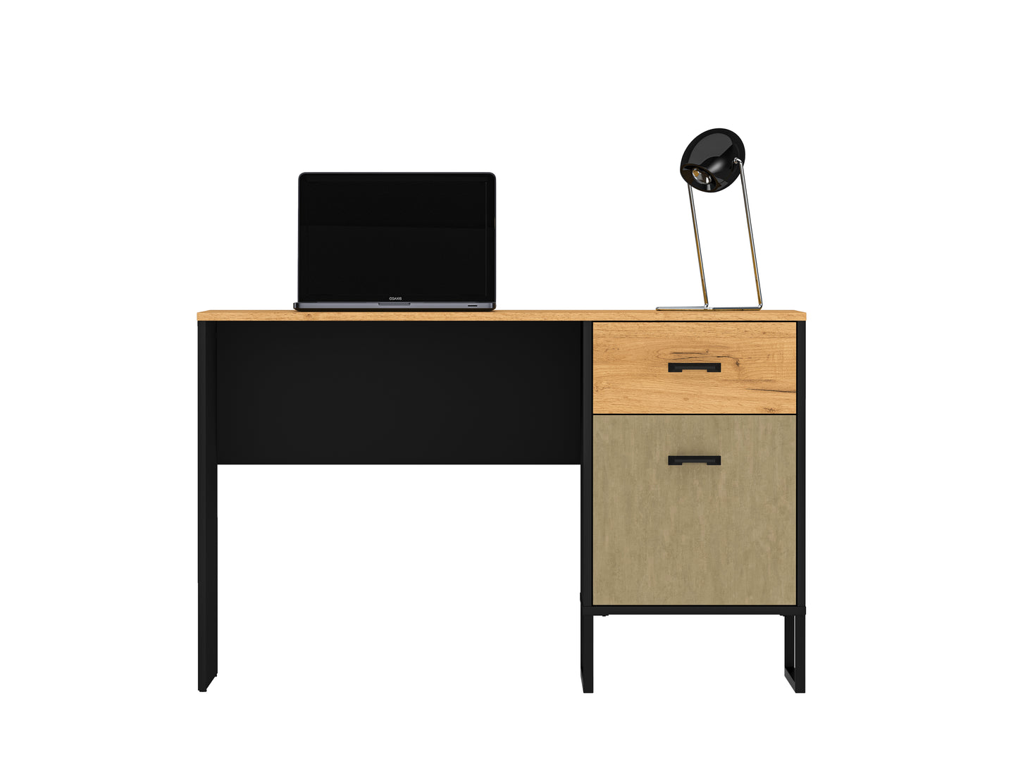 Zdjęcie przedstawiające biurko Kolt w przykładowej aranżacji z lampką biurową oraz laptopem. Szeroki blat 120 cm pozwoli na wygodną pracę lub naukę