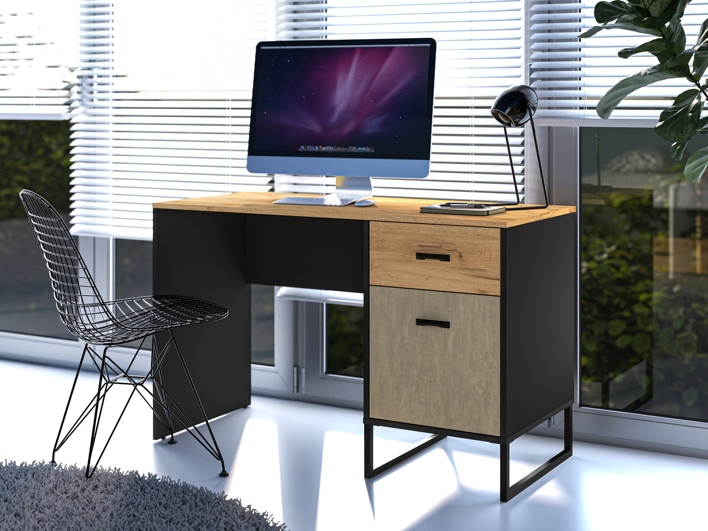 Zdjęcie przedstawiające przykładową aranżację nowoczesnego biurka w gabinecie. Szeroki blat 120 cm pozwoli na komfortową pracę lub naukę. Modne biurko w stylu loft podkreśli elegancję pomieszczenia. 