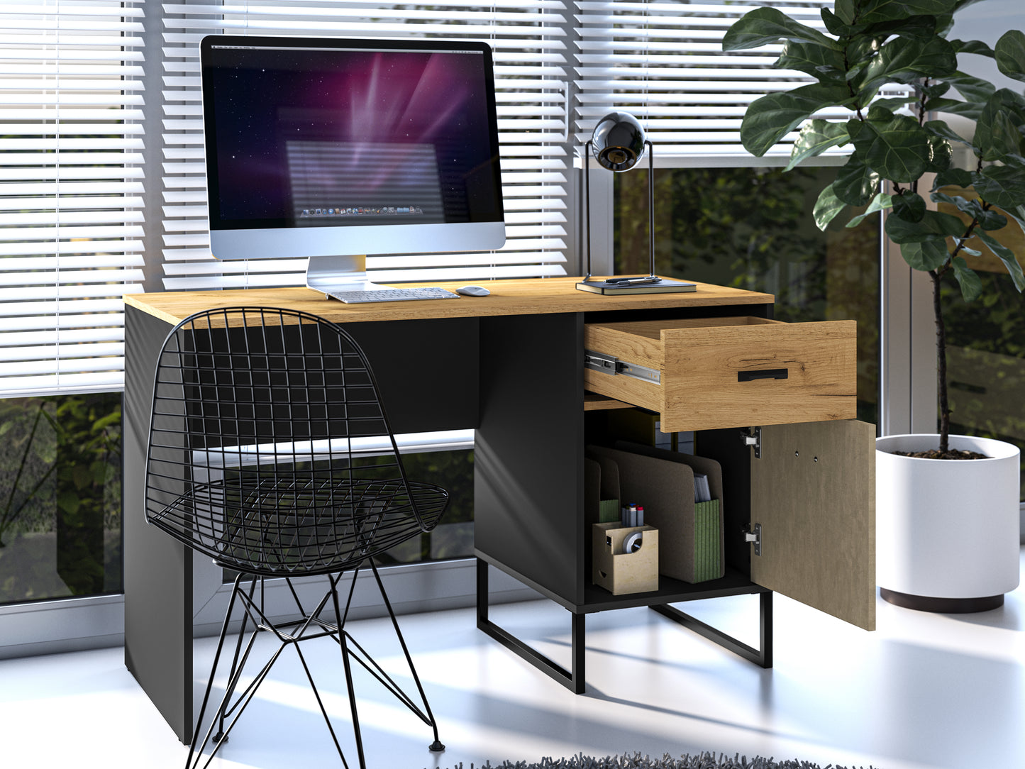 Zdjęcie przedstawiające przykładową aranżację nowoczesnego biurka do pracy lub nauki Kolt. Modne biurko 120 cm w stylu Kolt dostępne jest w dmsm.pl w niskiej cenie.