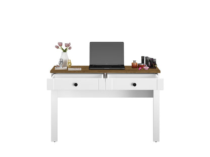 Przykładowa aranżacja biurka z dwiema szufladami w kolorze białym z solidnym blatem w kolorze dab lefkas